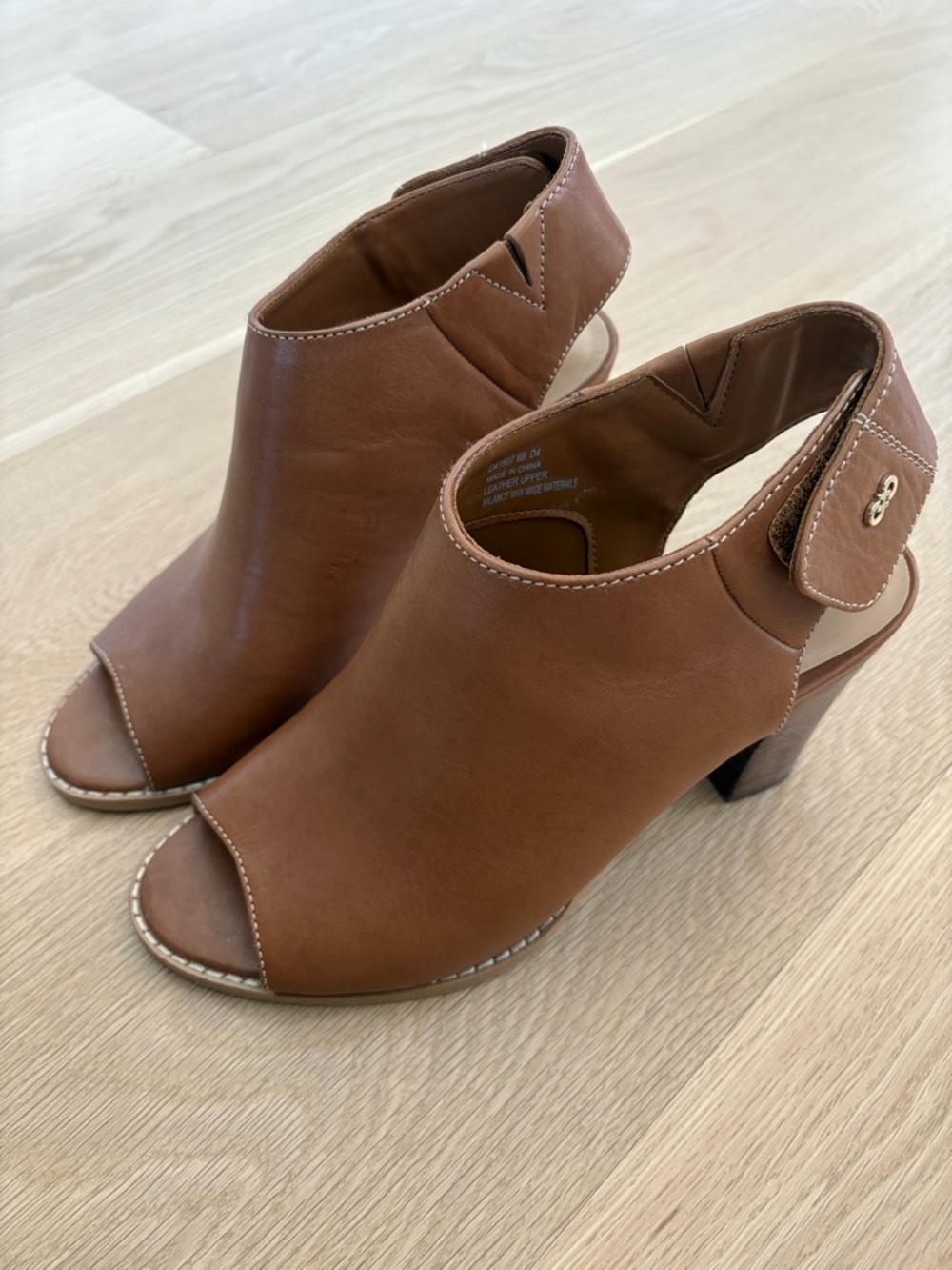 Cole Haan Tan Leather Open-Toe Block Heel Sandals with Velcro Closure